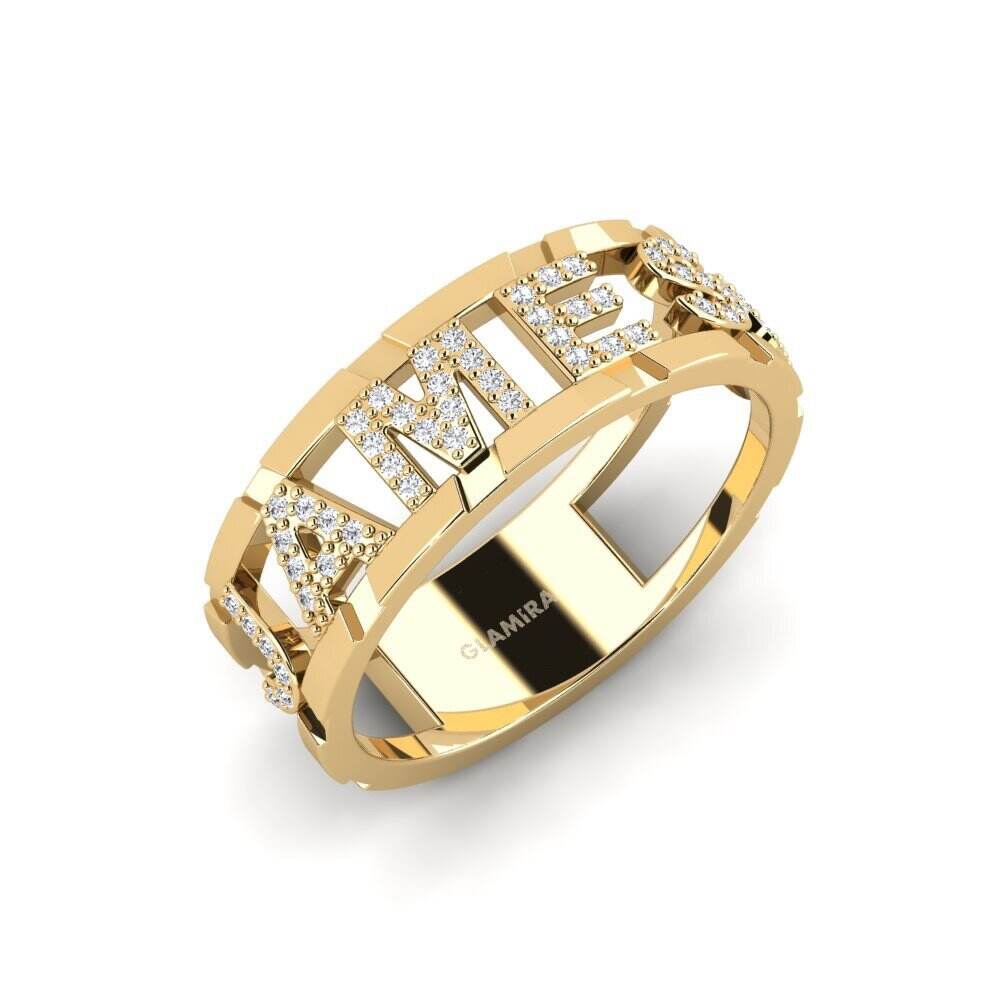 14k 黄色K金 圆形 白色蓝宝石 男士戒指 Pongello