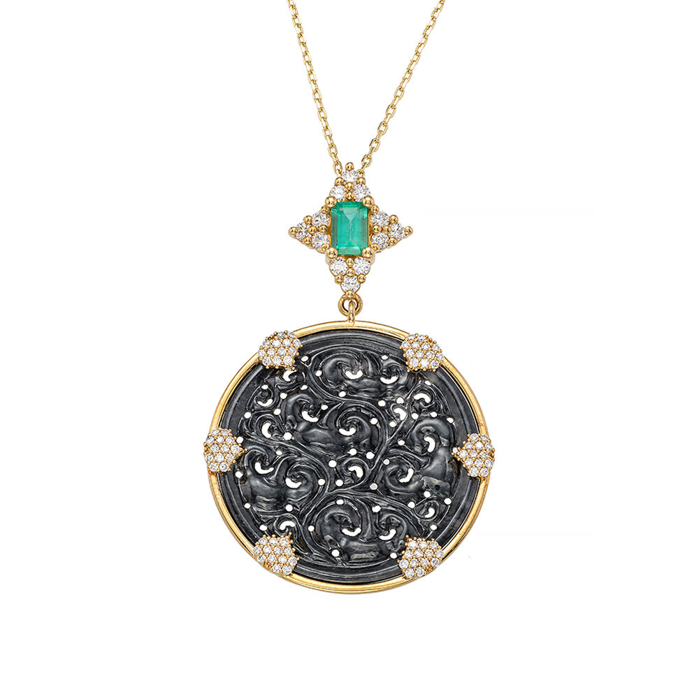 18k 黄色K金 女士吊坠 Blackjade