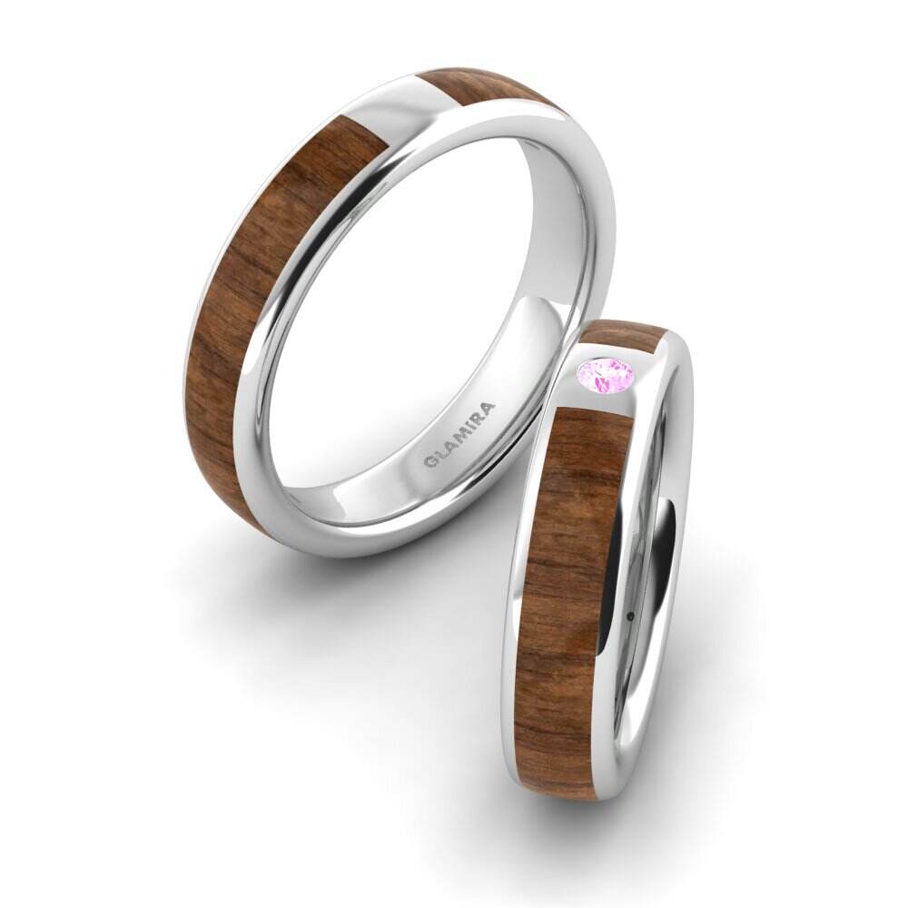 木纹和碳纹 粉红色蓝宝石 结婚戒指