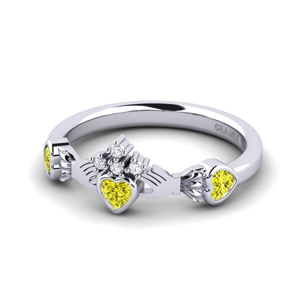 Claddagh 黄色钻石 白色K金-18k 订婚戒指